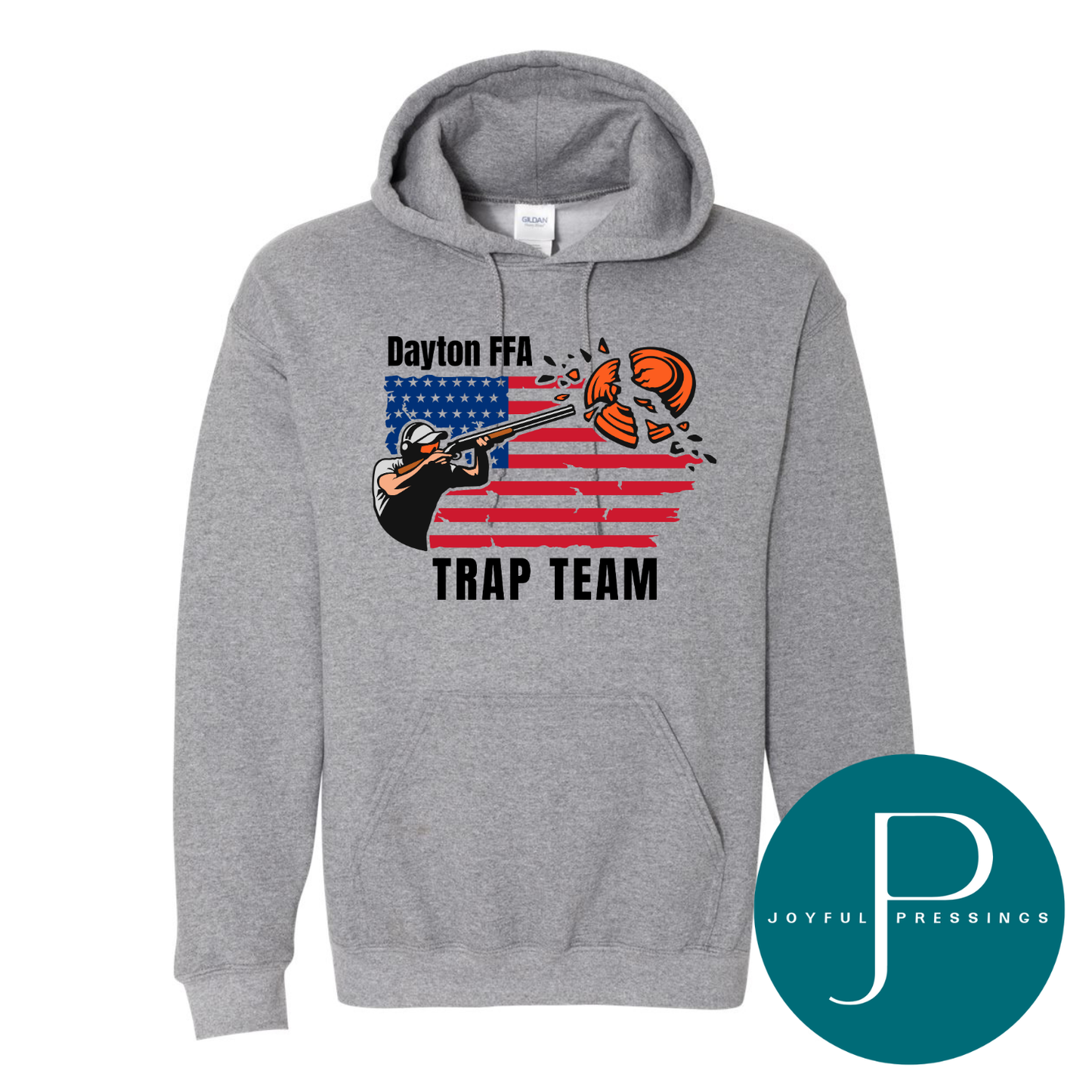 Gray hoodie with 'Dayton FFA Trap Team' design featuring an American flag and trap shooting graphic, branded with Joyful Pressings.