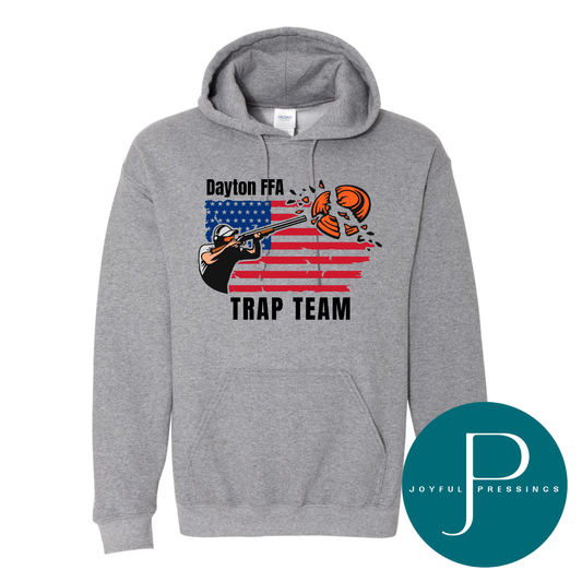 Gray hoodie with 'Dayton FFA Trap Team' design featuring an American flag and trap shooting graphic, branded with Joyful Pressings.