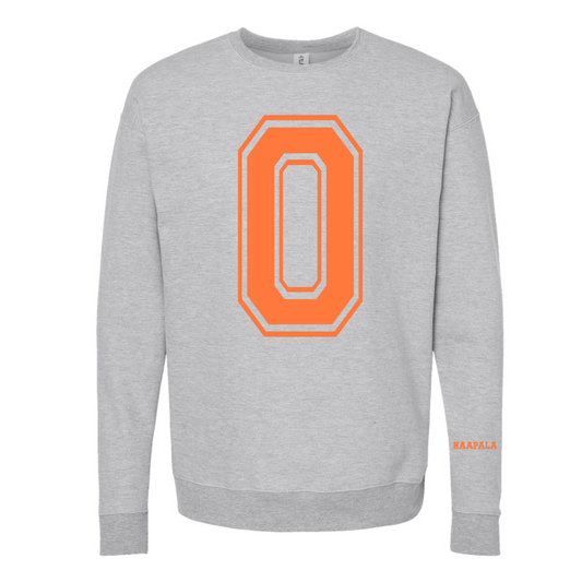 Light gray Tultex crewneck sweatshirt with a large orange outlined “0” printed on the chest and Haapala in orange near the left wrist.