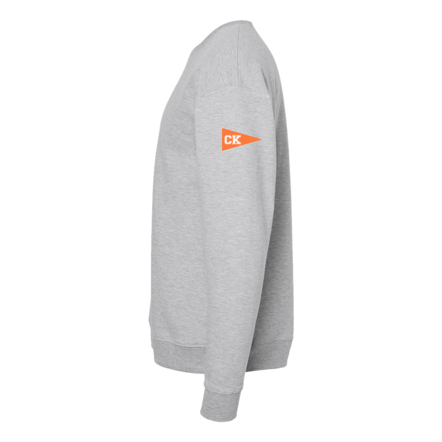 Right sleeve of the gray crewneck featuring a small orange CK pennant design near the shoulder.