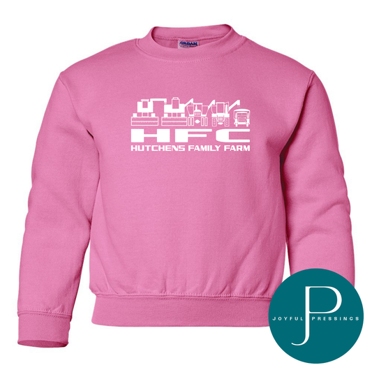 Pink sweatshirt with 'HFC Hutchens Family Farm' logo on a white background