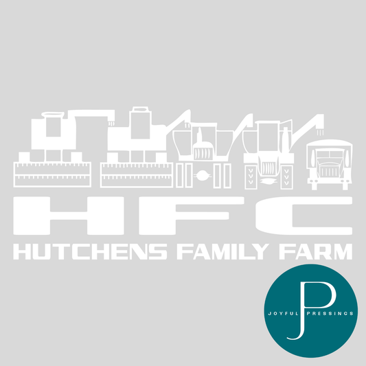 White farm equipment illustrations on a gray background with 'Hutchens Family Farm' text and 'Joyful Pressings' logo.