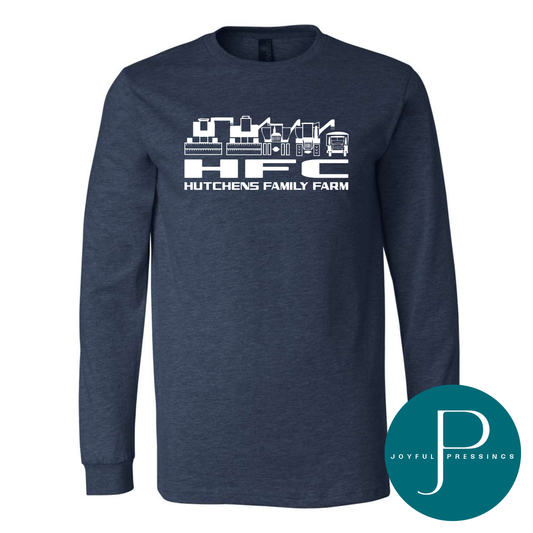 Navy long-sleeve shirt with 'HFC Hutchens Family Farm' logo on a white background