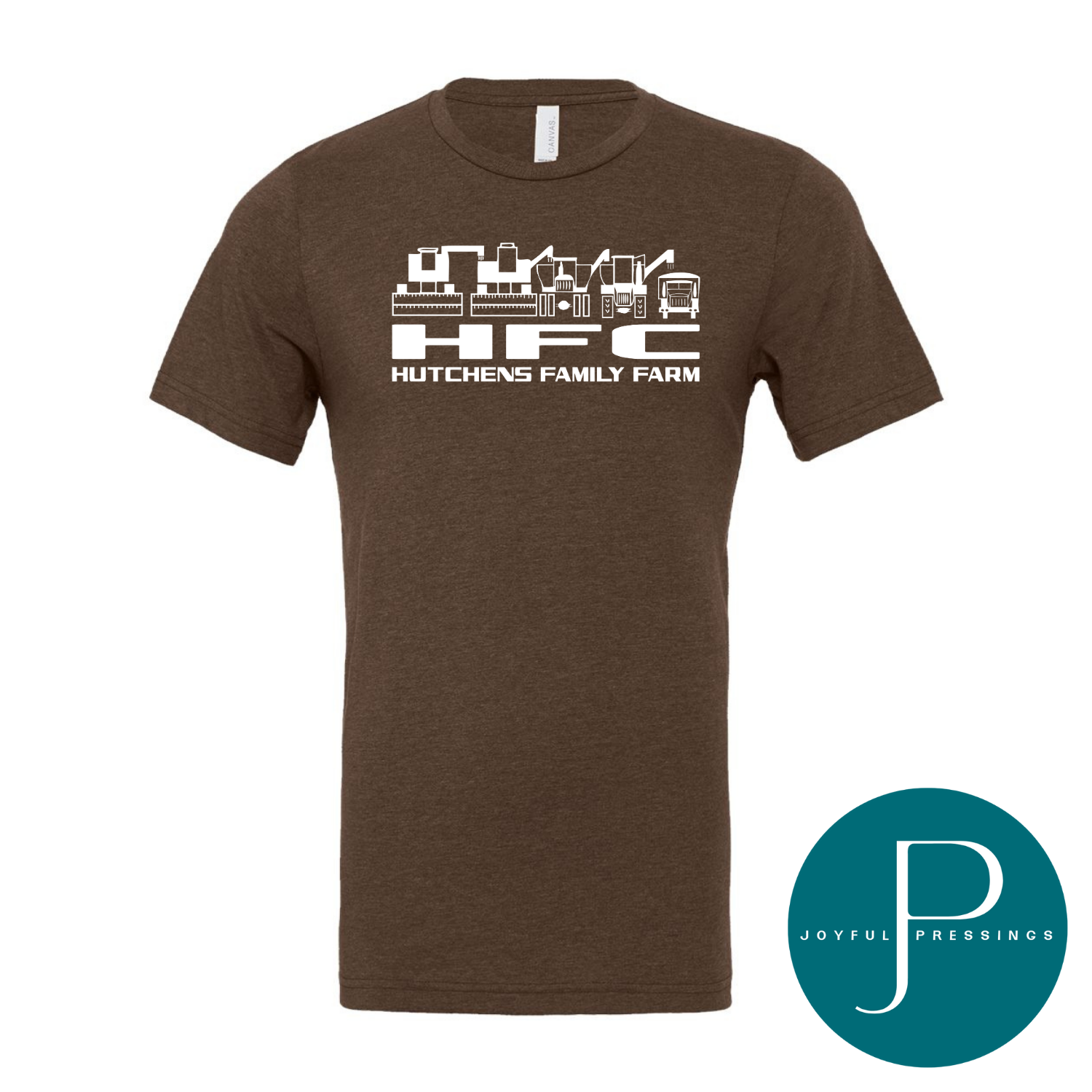 Brown t-shirt with white graphic and text on a white background, featuring the 'Joyful Pressings' logo.