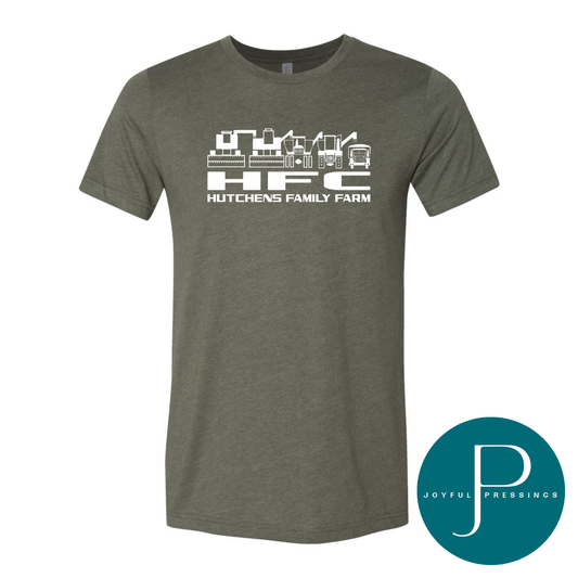 Green t-shirt with 'Hutchens Family Farm' logo on a white background, featuring the Joyful Pressings logo.