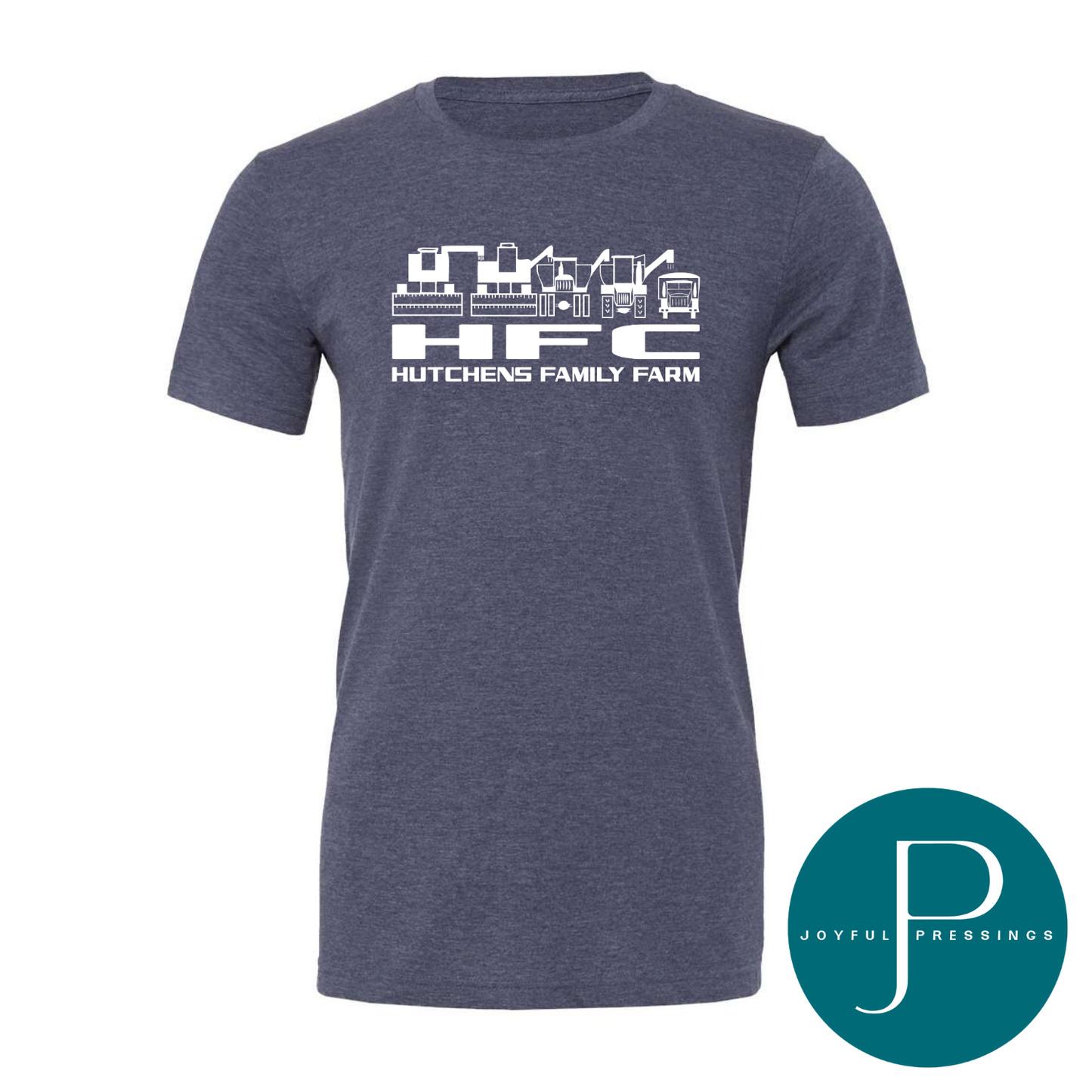 Navy t-shirt with white logo and text on a white background, featuring 'Hutchens Family Farm' and 'Joyful Pressings' logo.