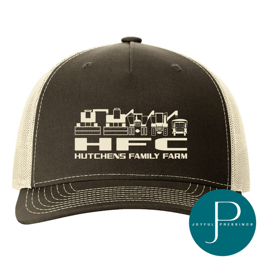 Brown and beige cap with Hutchens Family Farm logo on a white background
