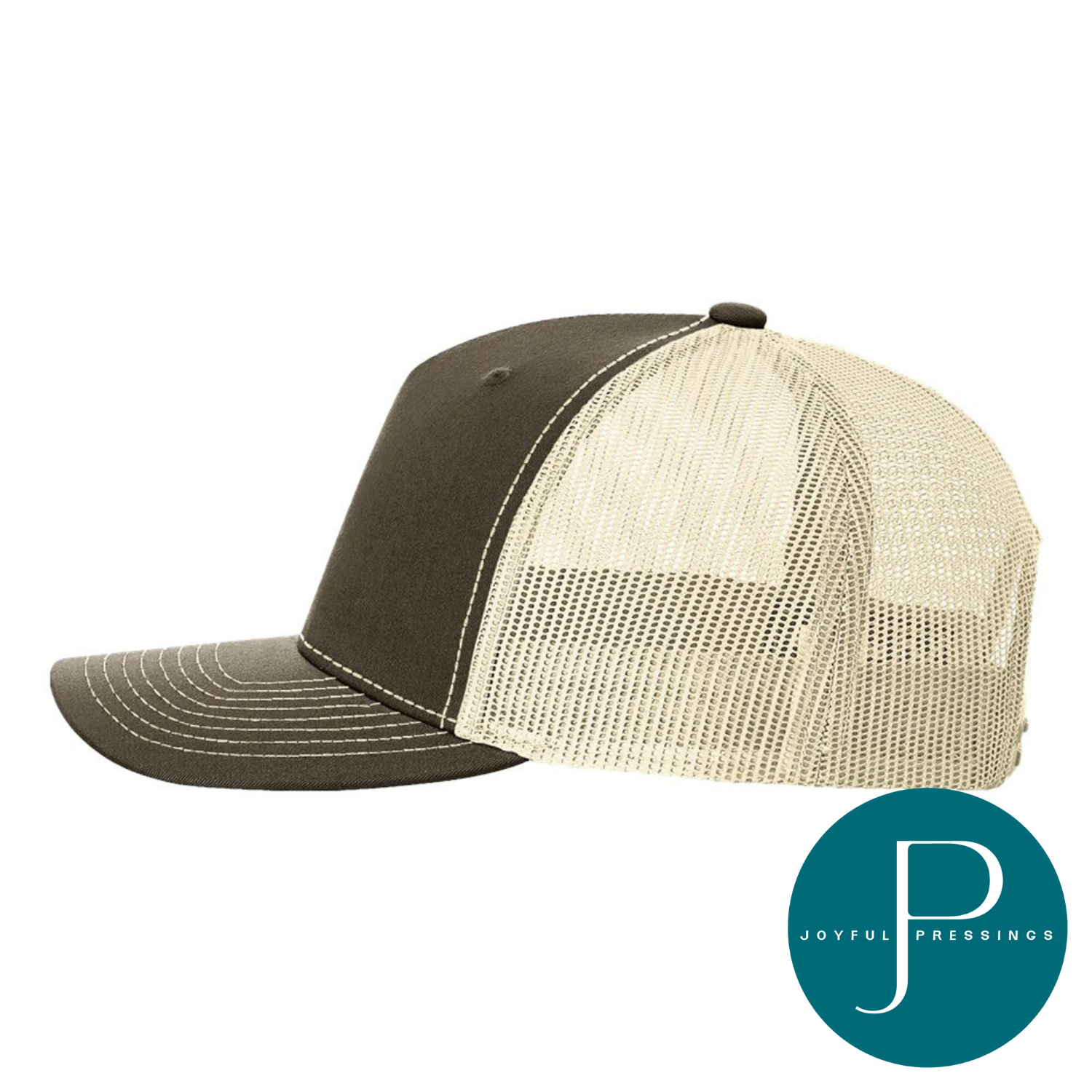 Brown and beige trucker cap with 'Joyful Pressings' logo on a white background