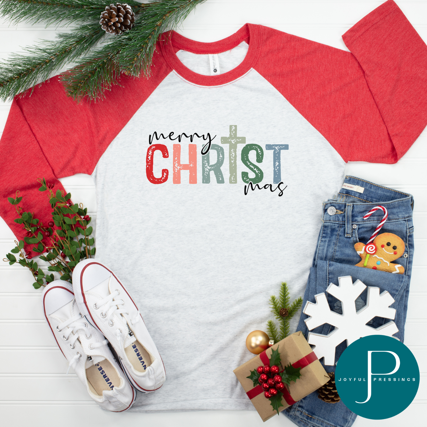 flatlay of Merry CHRISTmas print on Vintage Red and white raglan tee 