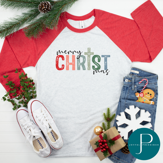 flatlay of Merry CHRISTmas print on Vintage Red and white raglan tee 