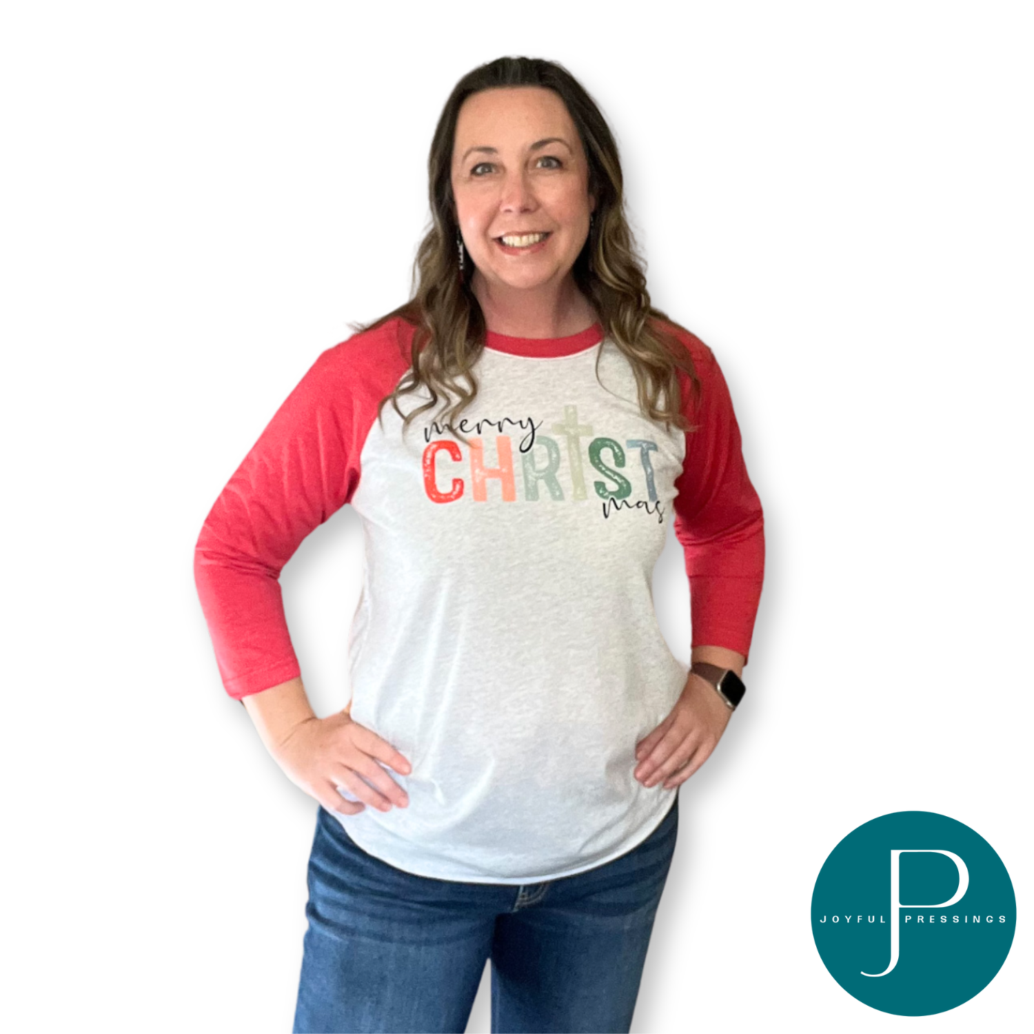 model wearing Merry CHRISTmas print on Vintage Red and white raglan tee 