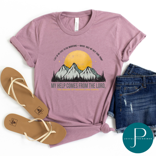 My Help Comes From the Lord print on an orchid tee.  Displayed in a flatlay with shorts and sandals.