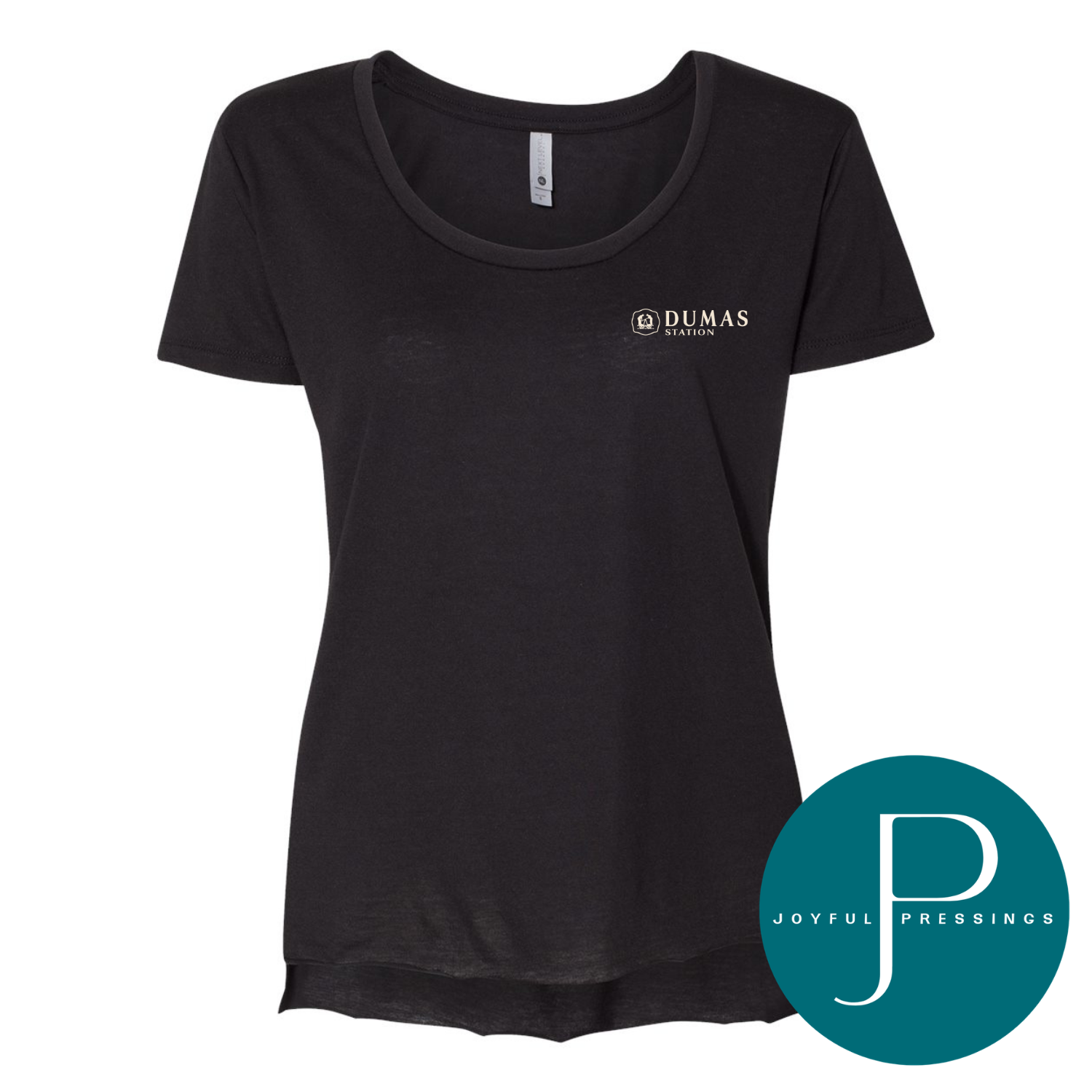 A black short-sleeve scoop neck t-shirt with a small white 'DUMAS PRESENTING' logo on the left chest, shown on a white background with a teal circular 'JOYFUL PRESSINGS' watermark in the bottom right corner.