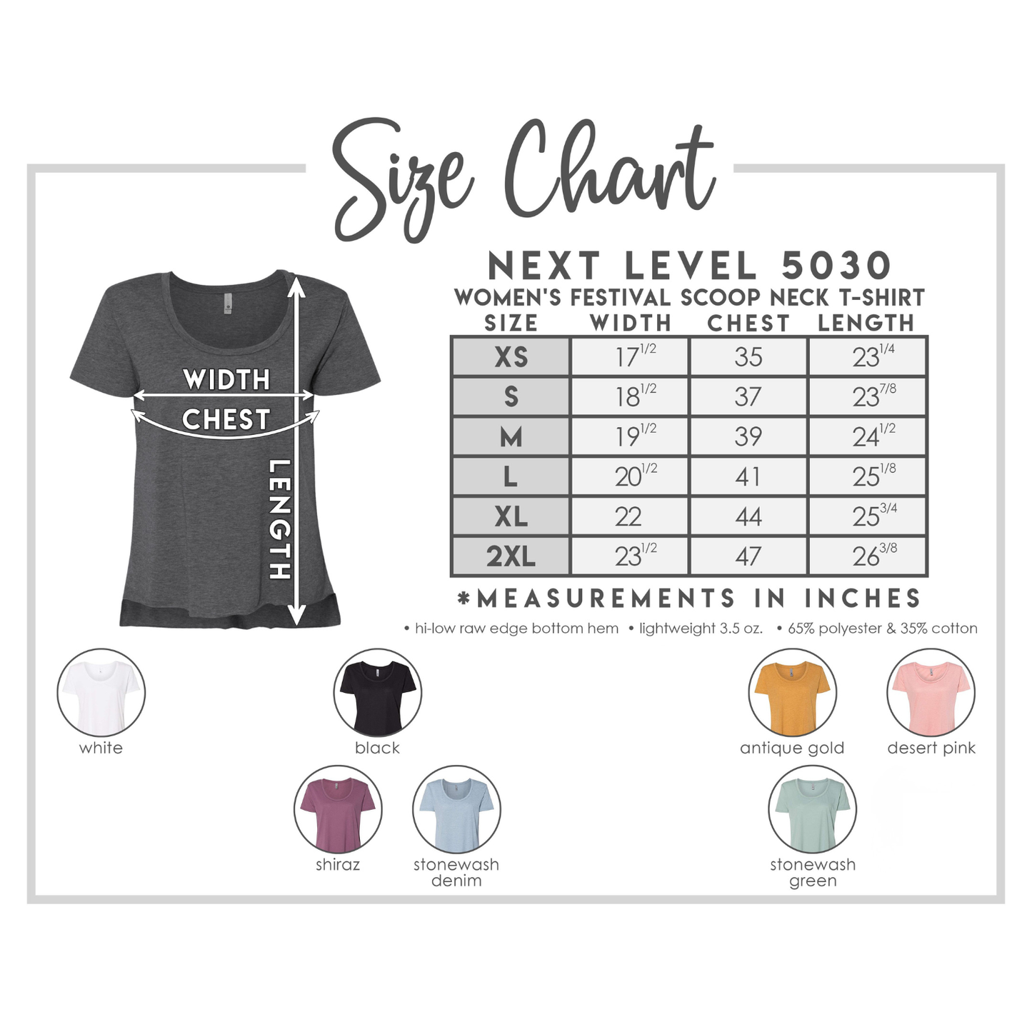 A size chart graphic for the Next Level 5030 women's festival scoop neck T-shirt. The left side shows a dark gray T-shirt with arrows indicating width chest and length measurements.