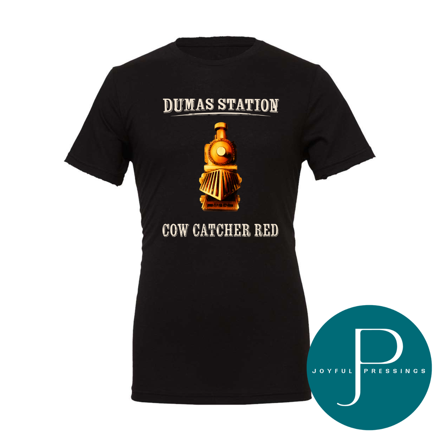 Black t-shirt with train design and text 'Dumas Station Cow Catcher Red' on a white background, featuring the Joyful Pressings logo.