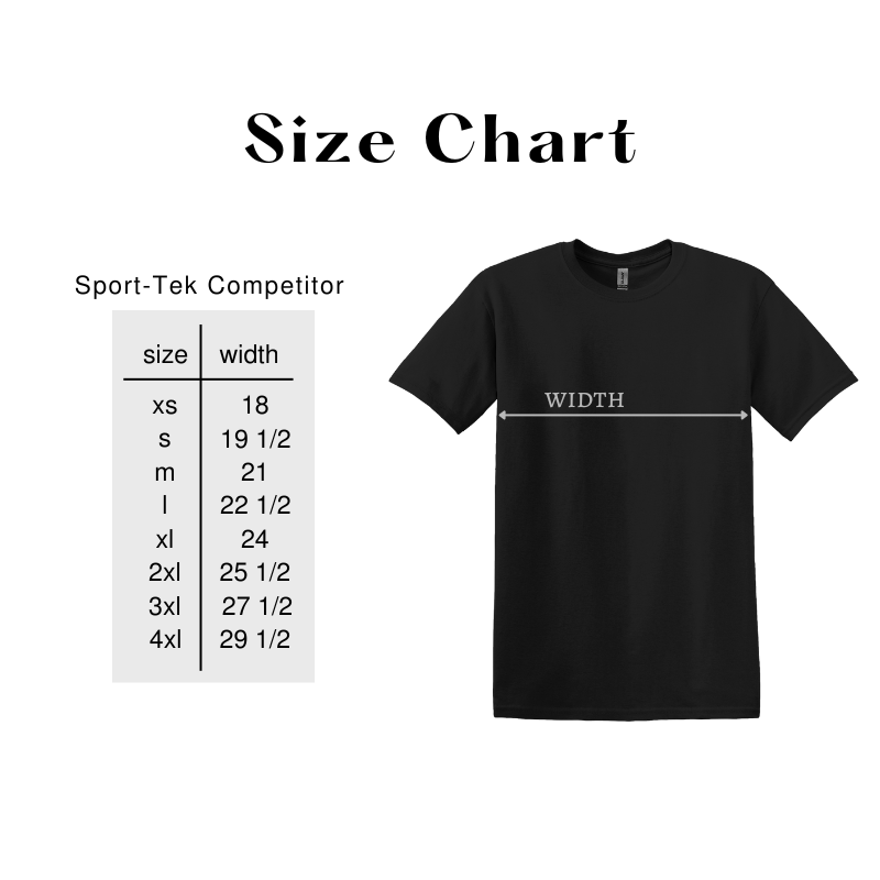 Size chart for Sport-Tek Competitor V-Neck Jersey showing width measurements for sizes XS to 4XL, with a black t-shirt graphic illustrating measurement areas.