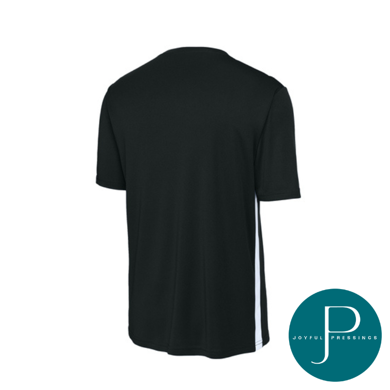 Back view of a black Sport-Tek Competitor V-Neck Jersey with white side panels. 