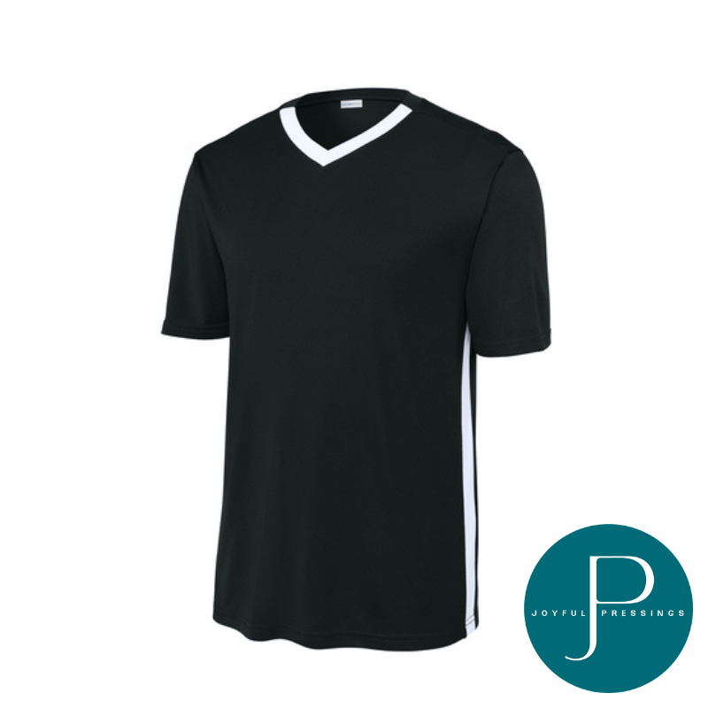 Front view of a black Sport-Tek Competitor V-Neck Jersey with white side panels and white collar trim. 