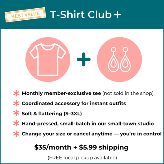Promotional graphic for a T-Shirt Club + membership offering a monthly member-exclusive tee and coordinated accessories. The design features a dark teal header with white text, pink circular icons representing a t-shirt and earrings, and a list of benefits on a white background.