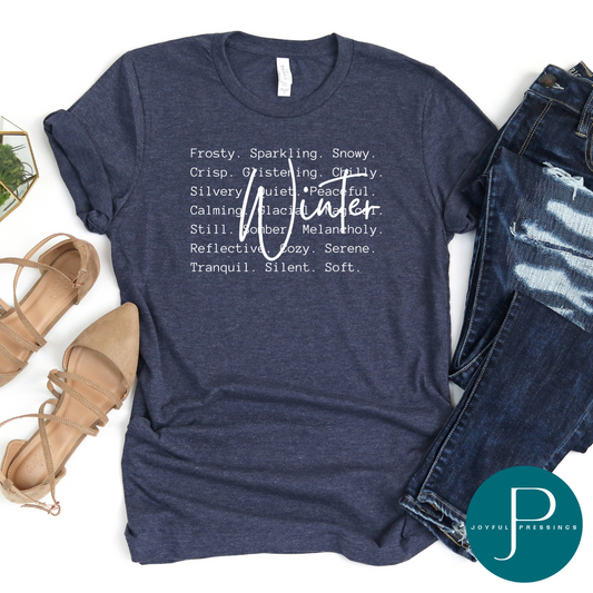 flatly of Winter print on a heather navy crew neck tee