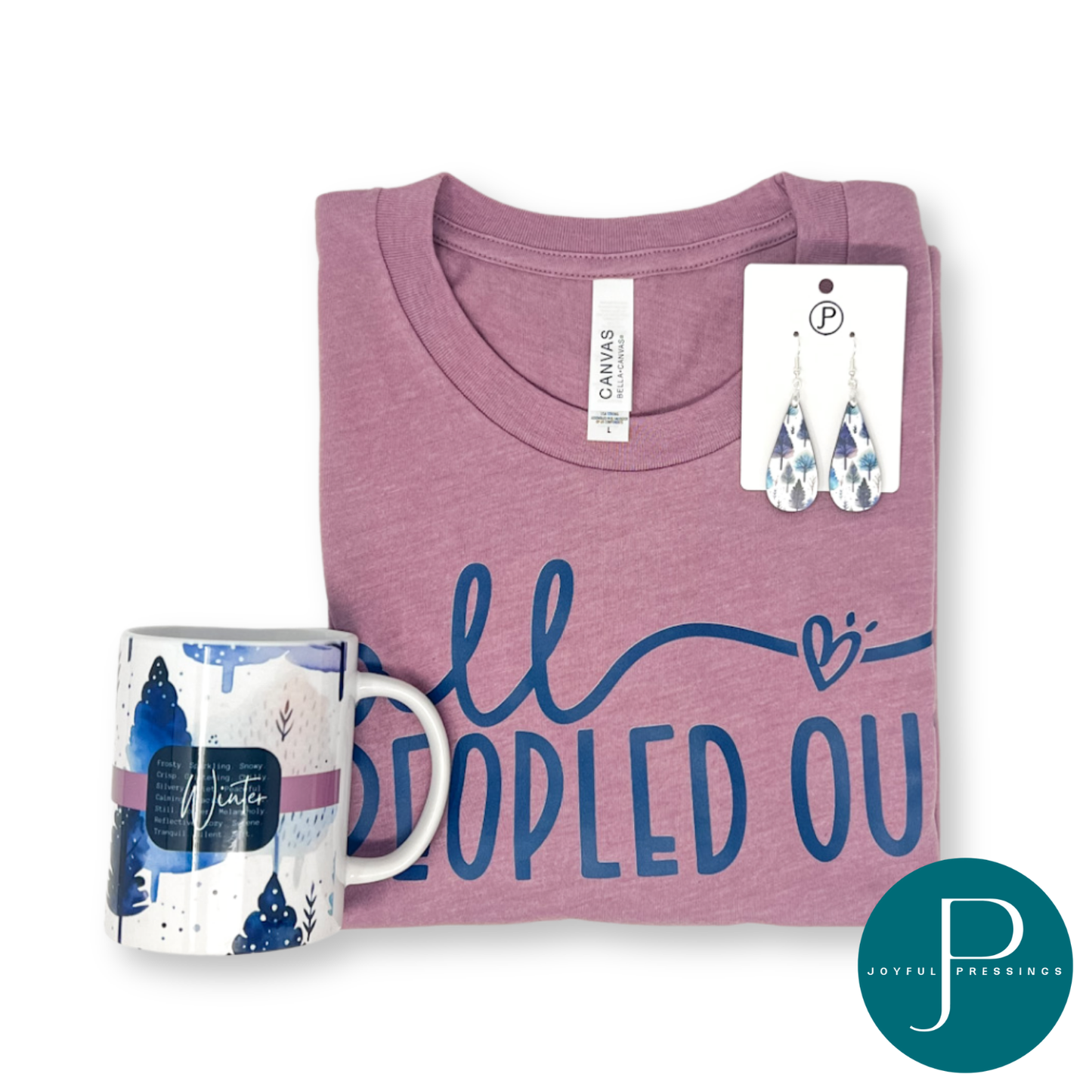 all peopled out bundle photo includes: t-shirt, earrings, and mug