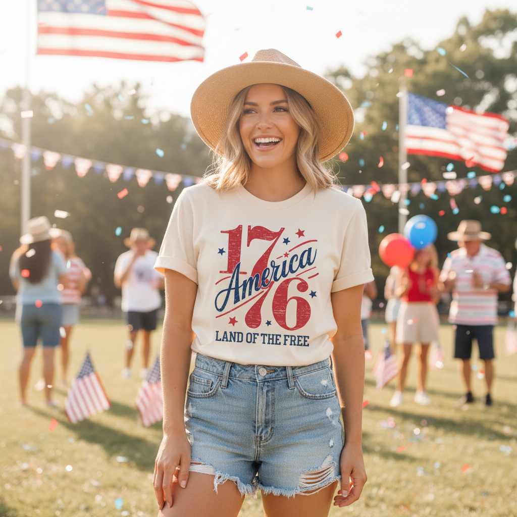 Woman wearing a '1776 America Land of the Free' t-shirt at a festive outdoor event with American flags.