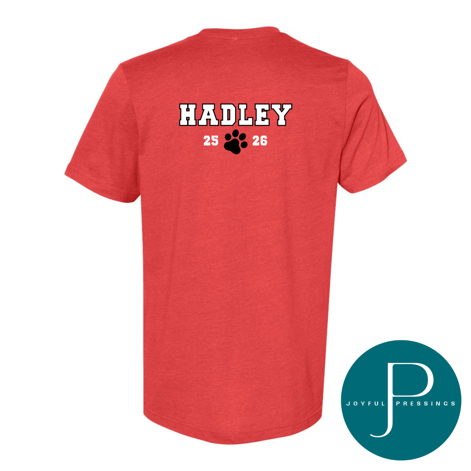 Red heather t-shirt with name Hadley, class years 25 and 26, and black paw print on the back.