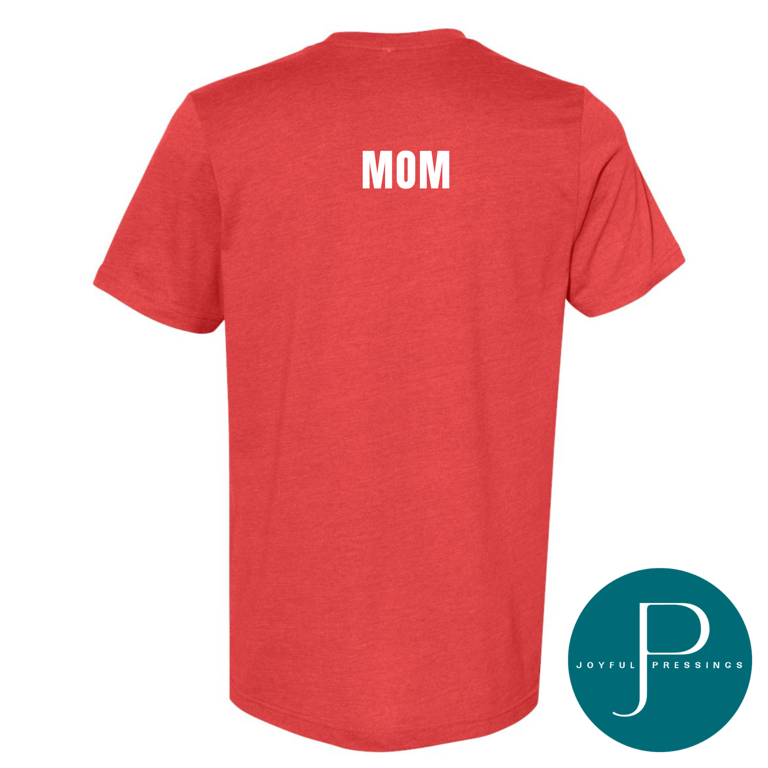Red Bella + Canvas t-shirt with a white custom name on the back.