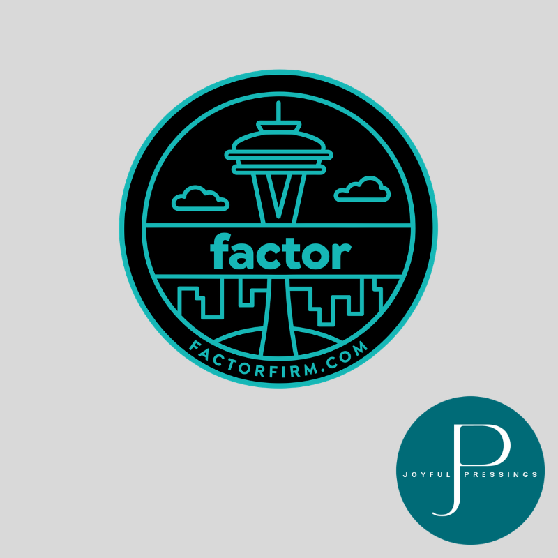A circular teal and black logo featuring the Space Needle and the word 'factor' with 'FACTORFIRM.COM' along the bottom, shown on a light gray background.