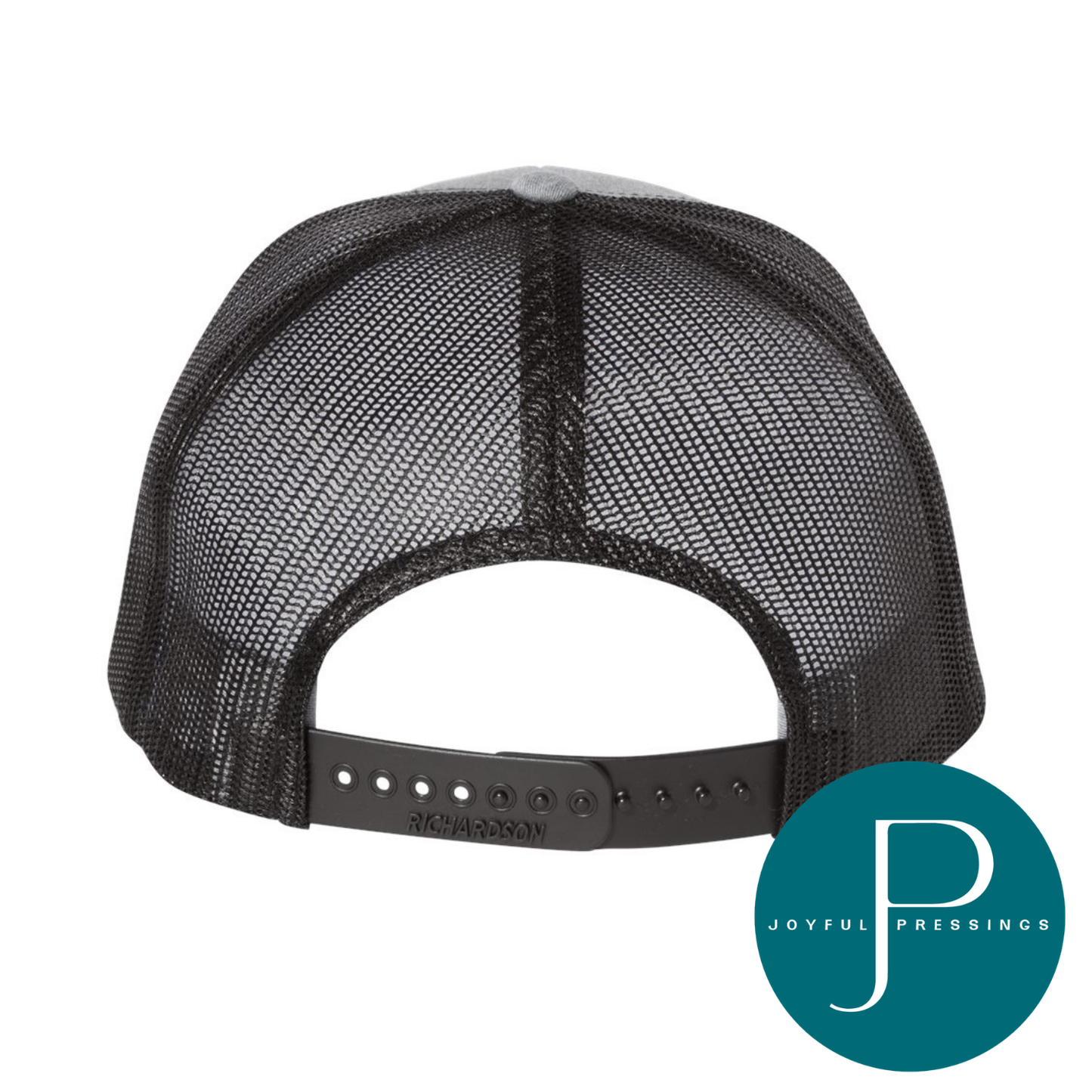 Back view of a black trucker hat with a black mesh back and adjustable snap strap, shown on a white background with a teal circular Joyful Pressions logo in the bottom right corner.