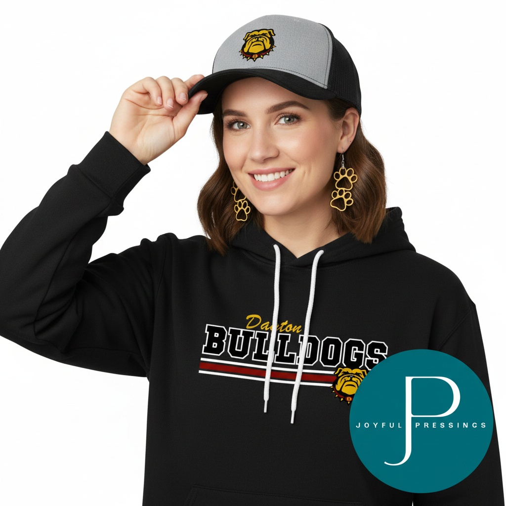 A woman wearing a bulldog hat, earrings, and black sweatshirt that says Dayton Bulldogs.