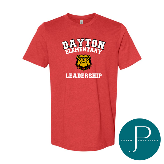 Red heather t-shirt with Dayton Elementary Leadership text and yellow bulldog mascot on the front.