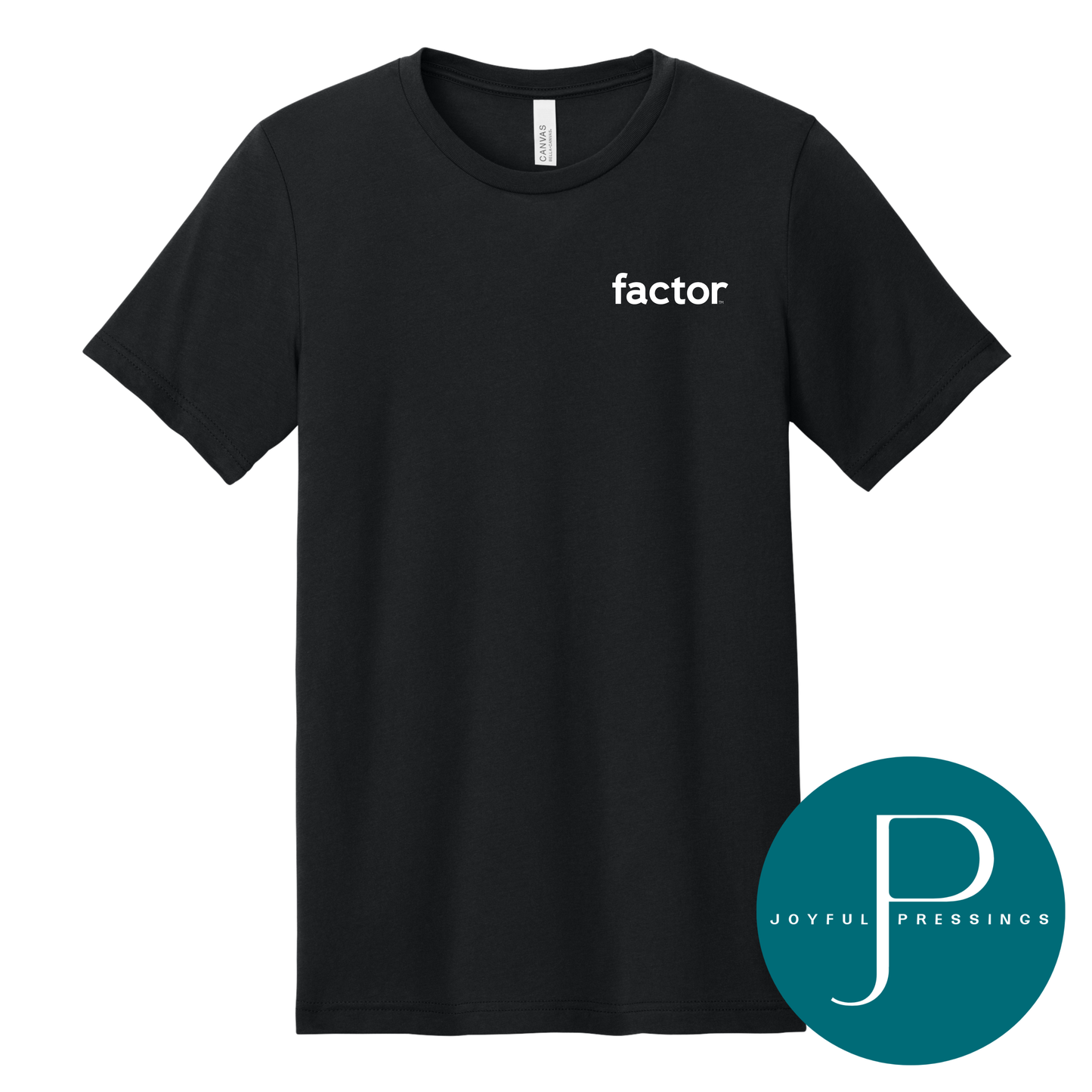 A black short-sleeve crewneck t-shirt with the word 'factor' printed in white lowercase letters on the left chest. A teal circular 'JOYFUL PRESSINGS' brand watermark is overlaid in the bottom right corner.