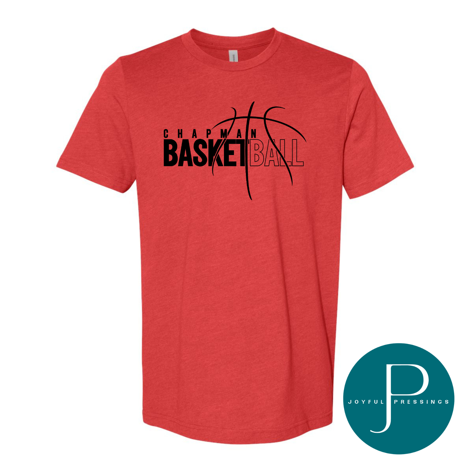 Red Bella + Canvas t-shirt with a black 'Chapman Basketball' logo featuring a stylized basketball graphic.