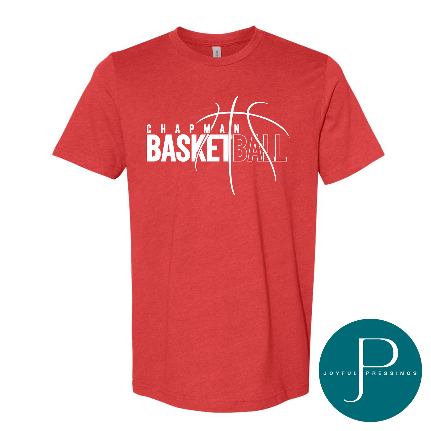 Red Bella + Canvas t-shirt with a white 'Chapman Basketball' logo featuring a stylized basketball graphic.
