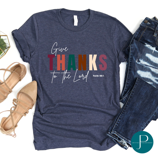 Flatlay of Give Thanks to the Lord navy graphic t-shirt.