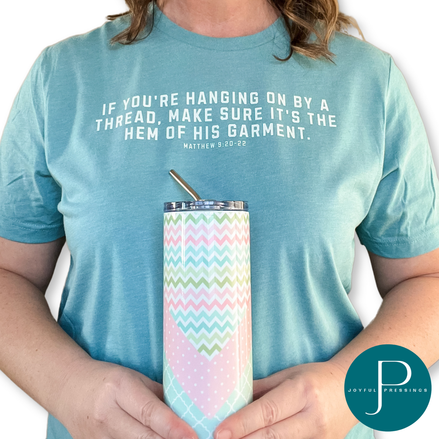 Model holding pastel chevron tumbler.