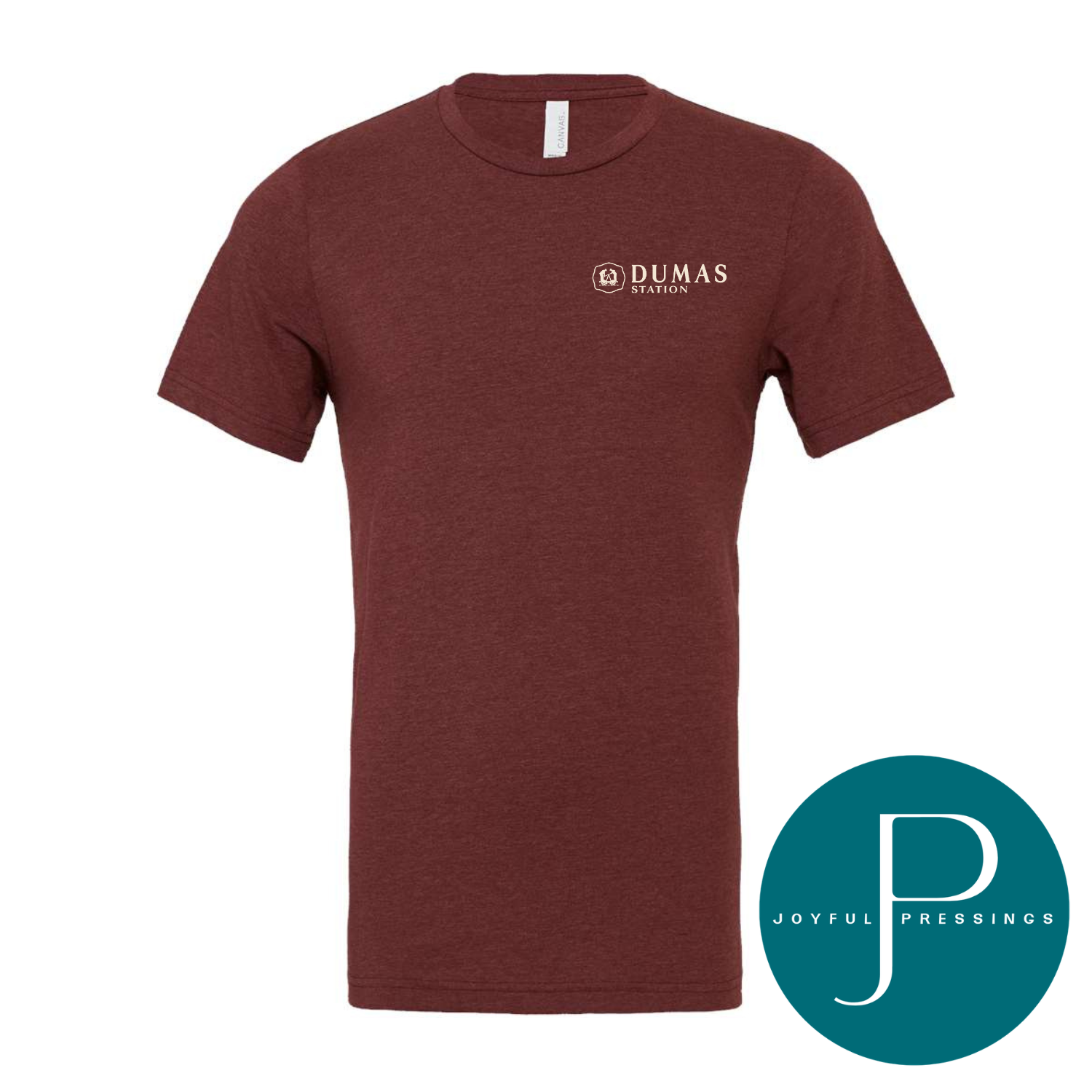 Maroon t-shirt with a logo on a white background, featuring 'Dumas' and 'Joyful Pressings'.