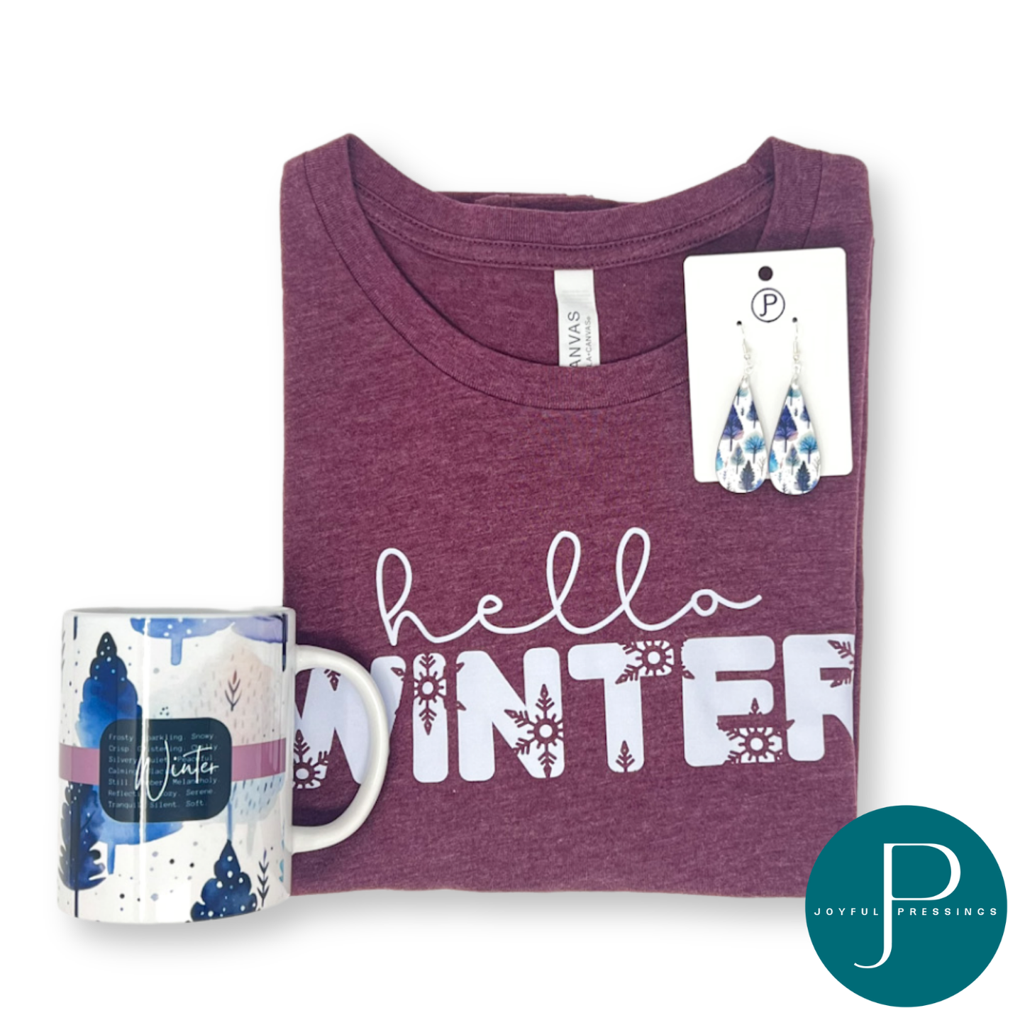 picture of hello winter bundle which included a t-shirt, earrings, and mug