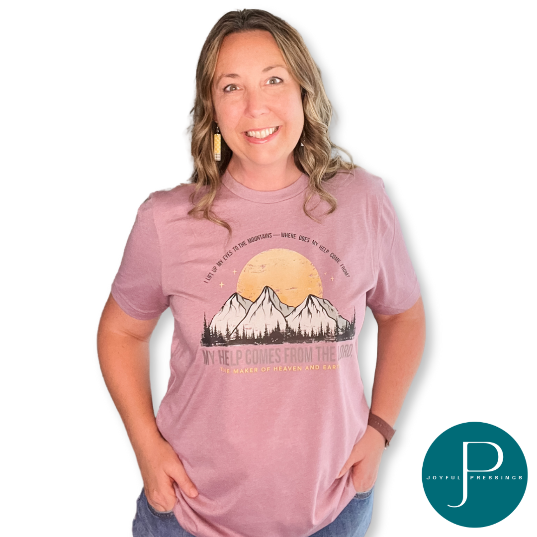 My Help Comes From the Lord print on an orchid tee.  Displayed on a model.
