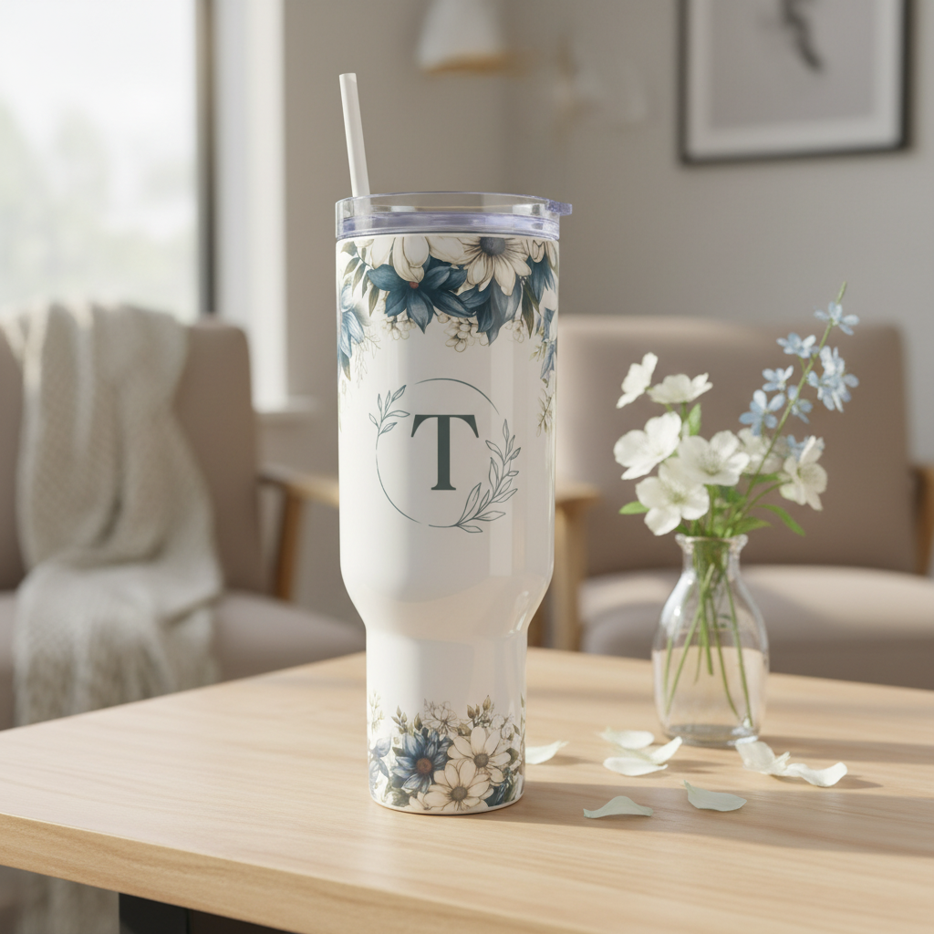 Blue floral 40 oz tumbler lifestyle photo on light wood surface with soft natural light and fresh flowers