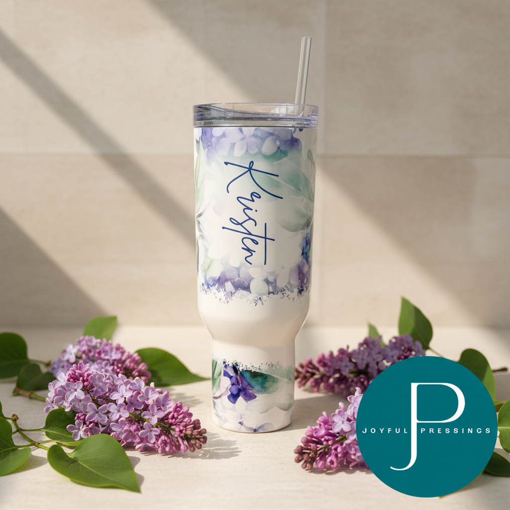 Purple Lilac Tumbler lifestyle photo with flowers and soft natural light