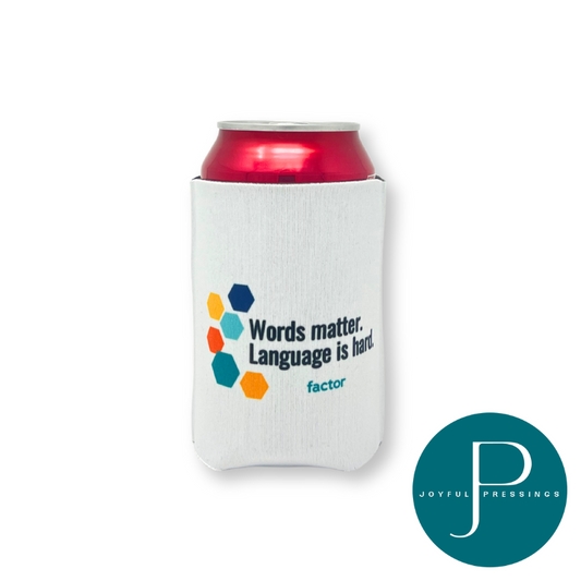 White can cooler with colorful design and text, featuring a red can inside on a white background. Brand 'Joyful Pressings' logo visible.