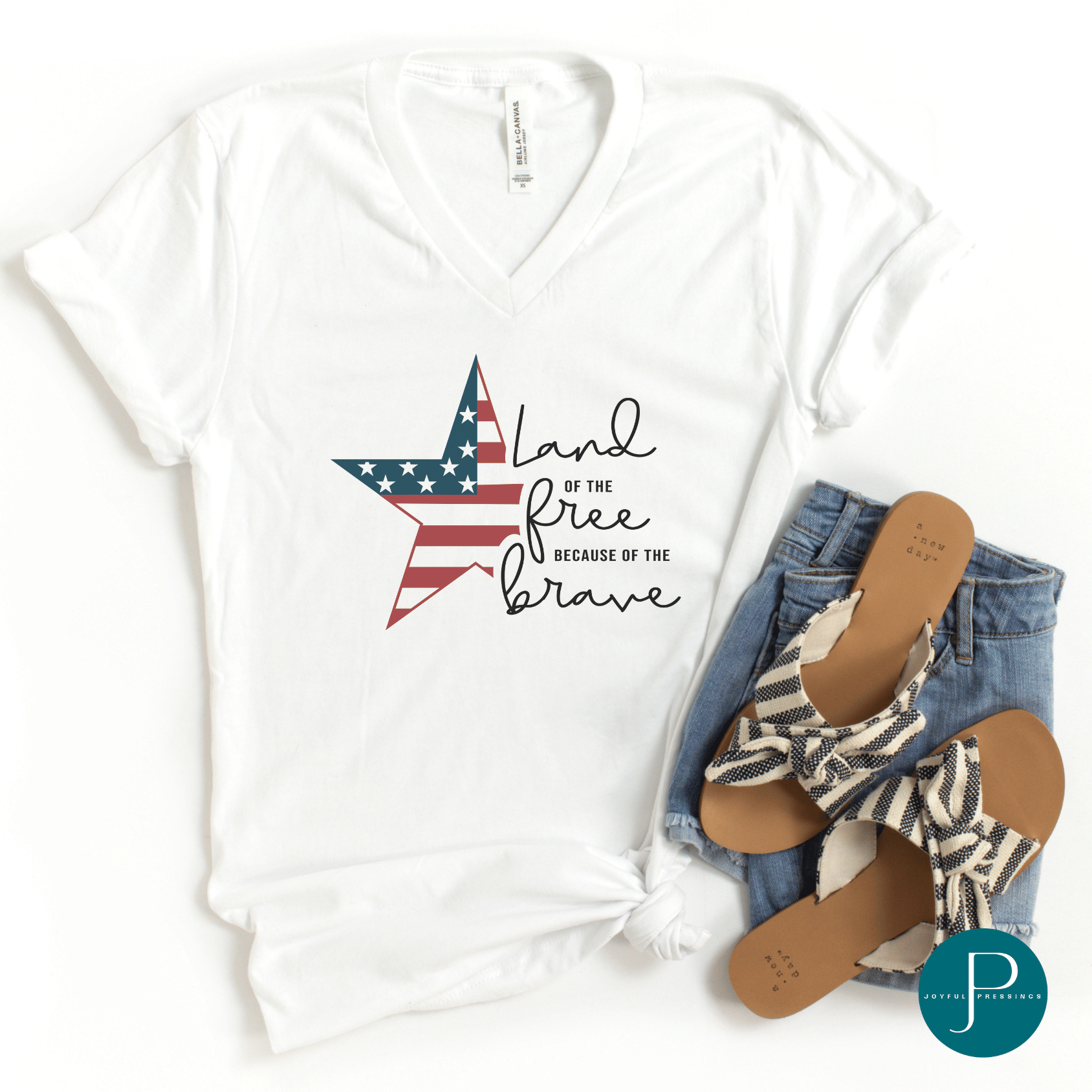 flat mockup of land of the free white v-neck t-shirt
