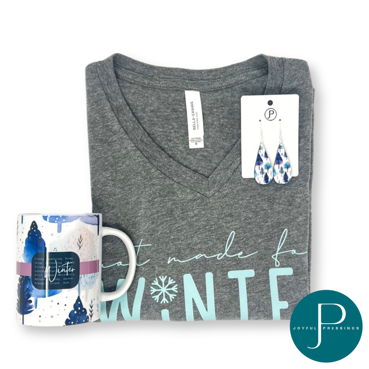 picture of not made for winter bundle including gray t-shirt, earrings, and mug