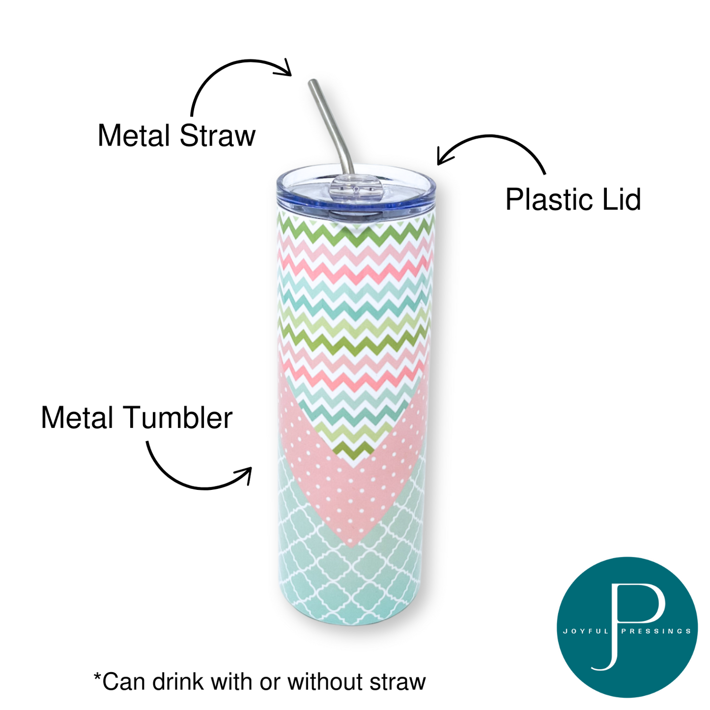 Product photo of pastel chevron tumbler with product features.