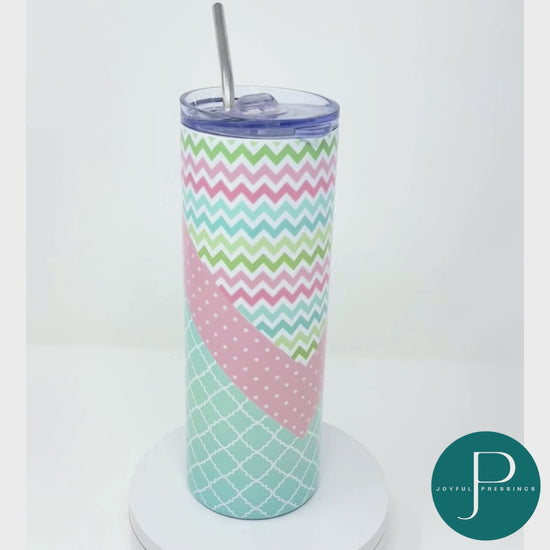 Rotating video of pastel chevron tumbler.