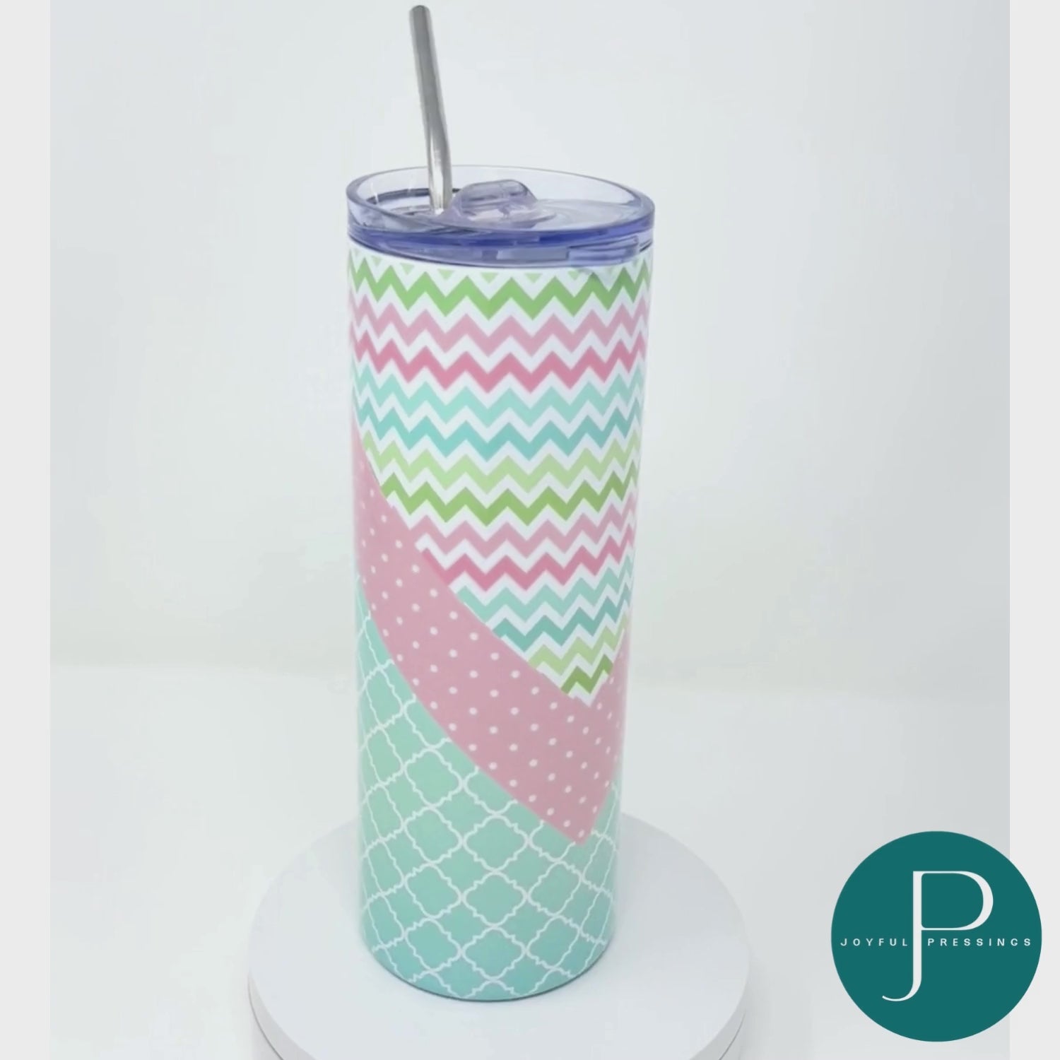Rotating video of pastel chevron tumbler.