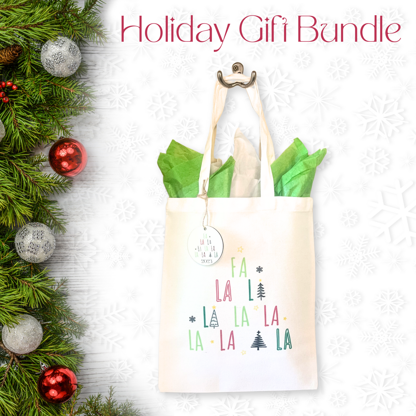 Picture of the Holiday Gift Bundle.  Tote is gilled with white and green tissue paper hanging on a hook.