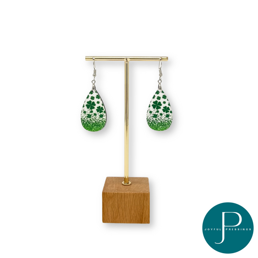 Green Shamrock teardrop earrings display.